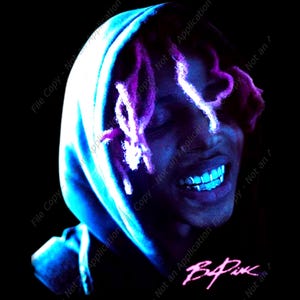 May include: A portrait of a person wearing a blue hooded sweatshirt with pink dreadlocks. The person is smiling, showing blue-tinted teeth. The text "B Pink" is written in pink script at the bottom.