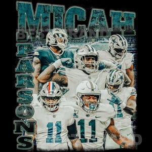 Könnte beinhalten: Schwarzes T-Shirt mit einer Collage von Footballspielern in Helmen und Trikots. Der Text "MICAH PARSONS" ist links vertikal in einer teal-farbenen, verwitterten Schrift angeordnet. Die Nummer "11" ist auf den Trikots zu sehen.