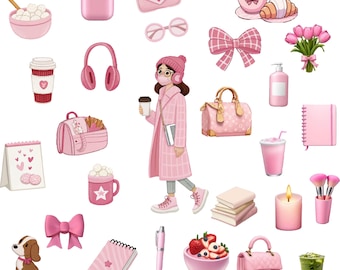 Pack d'autocollants numériques mignons, plus de 140 autocollants PNG, coquette rose esthétique et autocollants neutres ours en peluche pour GoodNotes (téléchargement numérique)