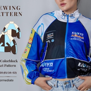 Op de afbeelding: Een naaipatroon voor een Nika colorblock jas, maten EU 34-52. De jas heeft een hoge kraag met trekkoorden, een volledige ritssluiting aan de voorzijde en een meerkleurig ontwerp in blauw, wit, zwart en geel met diverse gedrukte logo's.