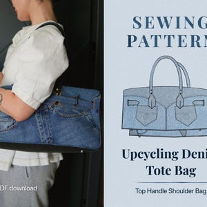 May include: A denim tote bag made from upcycled jeans, featuring pockets and a black base. The bag is held by a person wearing a white shirt. The image also includes a sewing pattern illustration with the text "Sewing Pattern" and "Upcycling Denim Tote Bag".
