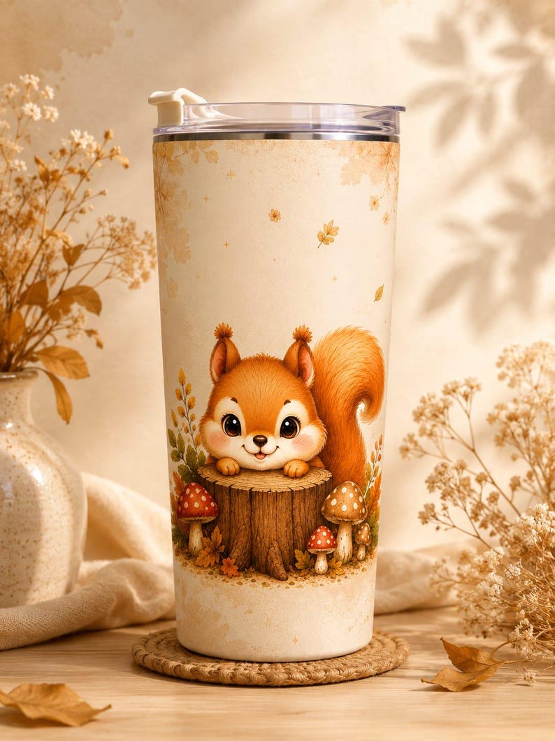May include: A cylindrical tumbler with a cream-colored background featuring a graphic illustration of a brown squirrel resting its paws on a tree stump surrounded by small red and white mushrooms, topped with a clear lid and a white closure.