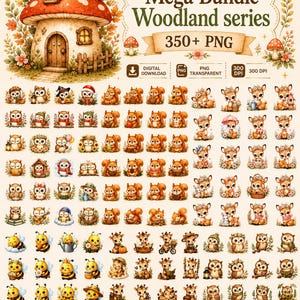 May include: A digital collection titled Mega Bundle Woodland series 350+ PNG featuring a large mushroom house illustration and numerous small graphics of woodland animals including owls, squirrels, deer, and bees in a soft color palette.