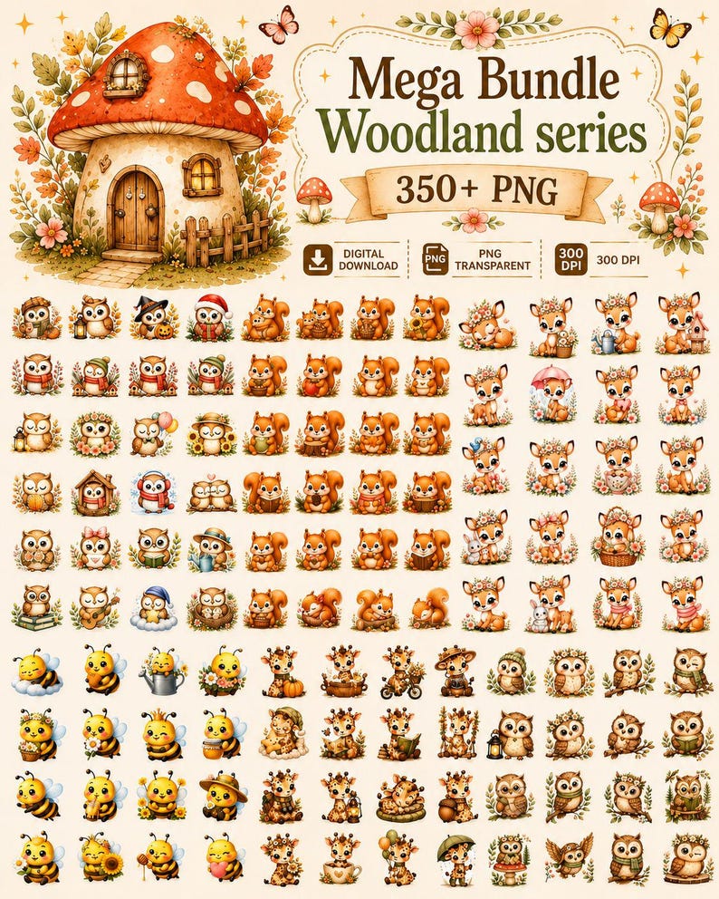 May include: A digital collection titled Mega Bundle Woodland series 350+ PNG featuring a large mushroom house illustration and numerous small graphics of woodland animals including owls, squirrels, deer, and bees in a soft color palette.