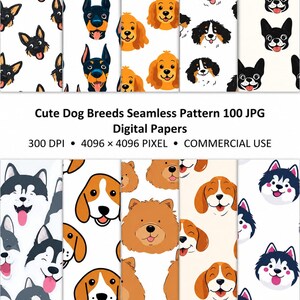May include: A digital collection of seamless patterns featuring cartoon dog faces including Dobermans, spaniels, Bernese Mountain dogs, French bulldogs, huskies, beagles, and chow chows. The text reads Cute Dog Breeds Seamless Pattern 100 JPG Digital Papers.