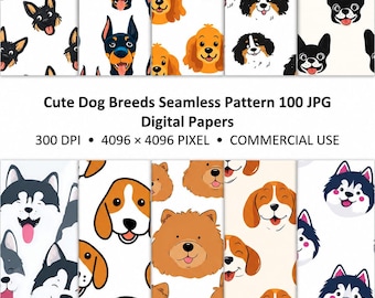 Patrón sin costuras de razas de perros adorables (100 imágenes JPG), paquete de papel digital para perros, patrón de cachorros, papel para álbumes de recortes de mascotas, uso comercial, 4096x4096 píxeles.