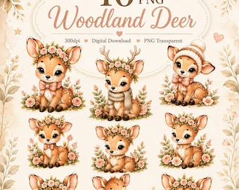 40 Woodland Deer PNG Bundle, Baby Fawn Clipart, Floral Boho Nursery Decor, Cute Forest Animal Printable Graphic Commercial Digital Download
