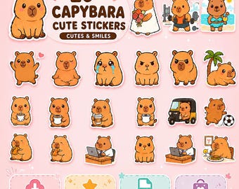 Paquete de pegatinas de capibaras adorables, imágenes prediseñadas PNG de capibaras kawaii, pegatinas imprimibles para agendas, gráficos de animales divertidos para sublimación.