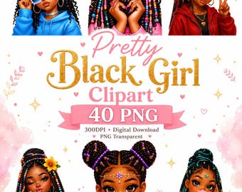 Paquete de imágenes PNG de chicas negras guapas, imágenes prediseñadas de mujeres con melanina, descarga digital de chicas negras, imágenes PNG de trenzas, arte afrocéntrico, fondo transparente