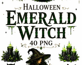 Paquete de pegatinas de bruja esmeralda de Halloween, 40 imágenes prediseñadas PNG, brujería gótica verde, imágenes prediseñadas de magia oscura, gráficos espeluznantes de Halloween