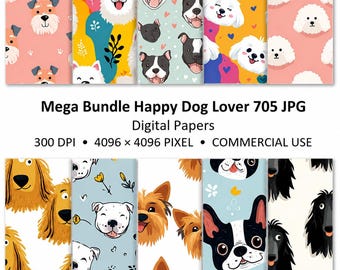 Mega Bundle Happy Dog Lover 705 Papeles Digitales JPG, Patrones Sin Costura de Perros Lindos, 4096x4096, 300 DPI, Uso Comercial