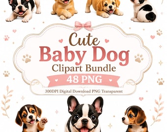 Paquete de imágenes prediseñadas de cachorros adorables (48 imágenes PNG), imágenes prediseñadas de cachorros, imágenes PNG de cachorros bebés, imágenes prediseñadas de perros adorables, cachorros kawaii, diseño para sublimación, imágenes PNG imprimibles