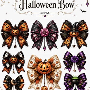May include: A collection of eight digital Halloween bow illustrations featuring orange, black, and purple patterns with motifs including jack-o'-lanterns, skulls, ghosts, roses, stars, and a cauldron. The text reads Halloween Bow 40 PNG 300 DPI.
