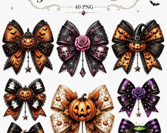 Paquete de PNG de lazos de Halloween / 40 imágenes prediseñadas de lazos para el cabello góticos y coquetos / PNG de cinta rosa, morada y naranja espeluznante y linda / PNG transparente