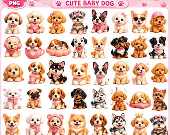 Paquete de imágenes PNG de cachorros bebés / Imágenes prediseñadas de cachorros kawaii, pegatinas (descarga digital)