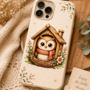 May include: A cream-colored smartphone case featuring a printed illustration of a brown owl wearing a red scarf, sitting inside a wooden birdhouse nestled in a nest with green leaves and pink flowers, accented by small stars and leafy sprigs.