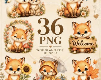 36 Woodland Fox Sticker Bundle PNG, Cute Autumn Animal Clipart, Forest Nursery Decor, Digital Download Printable Sticker Commercial Use