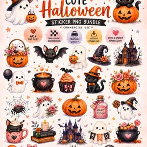Könnte beinhalten: Eine Sammlung von niedlichen Halloween-PNG-Stickern. Das Bild zeigt Geister, Kürbisse, schwarze Katzen, Fledermäuse und ein Spukhaus. Die Sticker sind im Aquarellstil gehalten und enthalten den Text "Cute Halloween Sticker PNG Bundle".