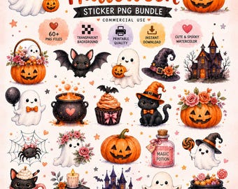 60 Cute Halloween Clipart PNG Bundle, Watercolor Spooky Ghost, Pastel Pumpkin Graphics, Digital Planner Stickers, Autumn Spooky