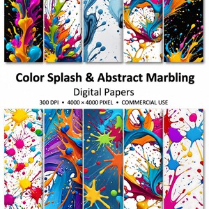 Könnte beinhalten: Eine Sammlung digitaler Papiere mit Color Splash & Abstract Marbling Designs. Die Grafiken zeigen lebendige Farbspritzer und fließende Wirbel in Gelb, Blau, Pink und Grün auf schwarzen und weißen Hintergründen, 300 DPI, 4000 x 4000 Pixel.