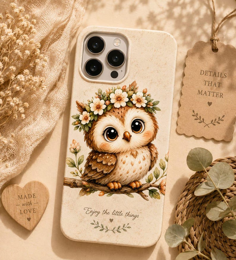 May include: A cream-colored phone case featuring a brown owl with large eyes wearing a floral crown while perched on a branch. The text "Enjoy the little things" is printed below the owl, accompanied by a small heart and leaf graphic.