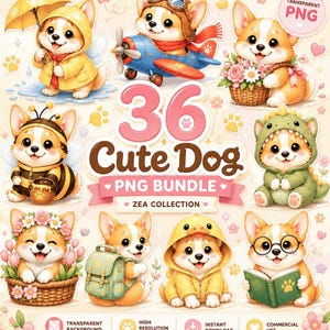 Puede incluir: Una colección digital de 36 ilustraciones PNG de perros lindos con cachorros Corgi en varios disfraces y entornos, incluyendo un impermeable con paraguas, un avión, una cesta de flores, un disfraz de abeja y un traje de dinosaurio.