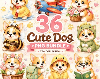 Paquete de imágenes PNG de adorables Corgis, imágenes prediseñadas de perros Kawaii, pegatinas de cachorros para agendas, gráficos de perros en acuarela para sublimación, descarga digital.