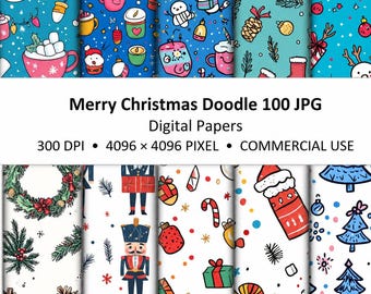 Papeles digitales JPG Merry Christmas Doodle (100 imágenes), patrones navideños sin costuras, 4096x4096, 300 DPI, álbumes de recortes navideños, manualidades y uso comercial.