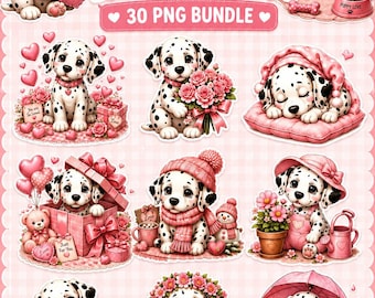 Pacote de imagens PNG de filhotes de dálmata fofos, clipart de cachorro com manchas rosa, adesivos digitais para planners, gráficos kawaii de animais de estimação para o Dia dos Namorados, uso comercial.