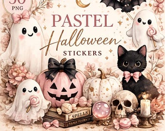 Paquete de 50 pegatinas PNG de Halloween en tonos pastel, fantasmas en acuarela, calabazas, imágenes prediseñadas de decoración de brujas (descarga digital)