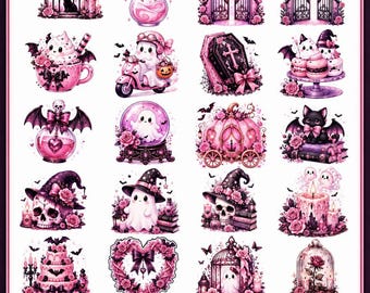 Paquete de imágenes PNG de Halloween en rosa oscuro, imágenes prediseñadas góticas, pegatinas espeluznantes (descarga digital)