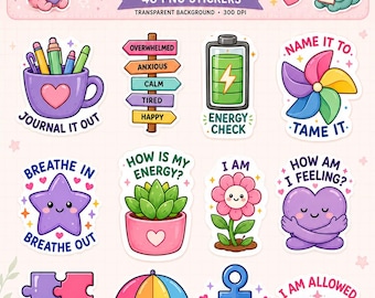 Pegatinas digitales Kawaii para el seguimiento del estado de ánimo, registro emocional para personas neurodivergentes, pegatinas para planificador de salud mental para TDAH, lindo diario imprimible PNG