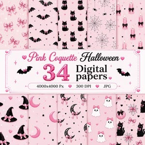 May include: A collection of 34 digital papers featuring pink and black Halloween patterns including bows, bats, black cats, spider webs, candles, witch hats, moons, ghosts, and pumpkins with the text Pink Coquette Halloween 34 Digital papers 4000x4000 Px 300 DPI JPG.