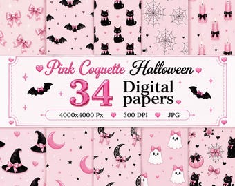 Papel digital de Halloween Pink Coquette / 34 patrones JPG / Papel para álbum de recortes gótico pastel / Fondo imprimible / 300 DPI