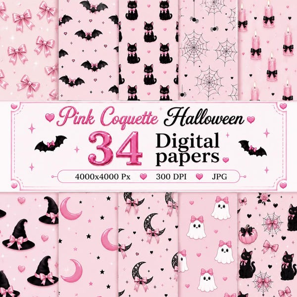 Pink Coquette Halloween Digital Paper | 34 JPG Patterns | Pastel Gothic Scrapbook Paper | Printable Background | 300 DPI