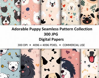 Paquete de patrones sin costuras de adorables cachorros, papel digital de perros, fondo de mascotas lindo, JPG imprimible canino, álbum de recortes, tela, uso comercial, bricolaje
