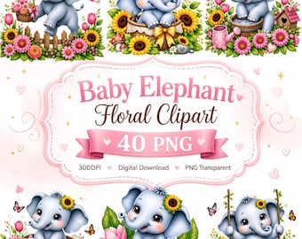 Paquete de imágenes prediseñadas florales de elefante bebé (40 imágenes PNG) / Pétalos rosas y girasoles PNG / Imágenes prediseñadas de animales de guardería con temática de bosque / Uso comercial
