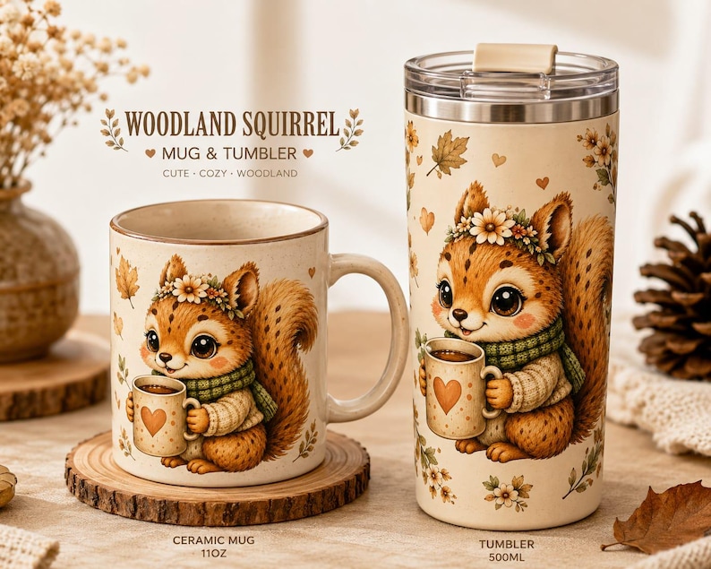 May include: A ceramic mug and a stainless steel tumbler featuring a woodland squirrel illustration. The mug is labeled 11oz and the tumbler 500ml. Both items display a squirrel wearing a flower crown and green scarf, holding a heart-patterned mug.