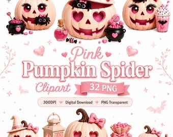 Pink Pumpkin Spider Clipart Bundle | 32 PNG Cute Pastel Halloween Clipart | Kawaii Pumpkin Candy PNG | Coquette Halloween | Digital Download