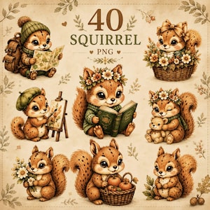 Eichhörnchen PNG Bundle, Herbst Waldtiere, Kinderzimmer Dekor (Digitaler Download)