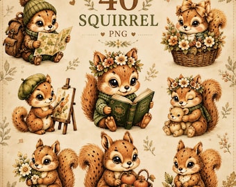 Woodland Squirrel PNG Bundle, Cozy Autumn Forest Animals, Nursery Decor (Digital Download)
