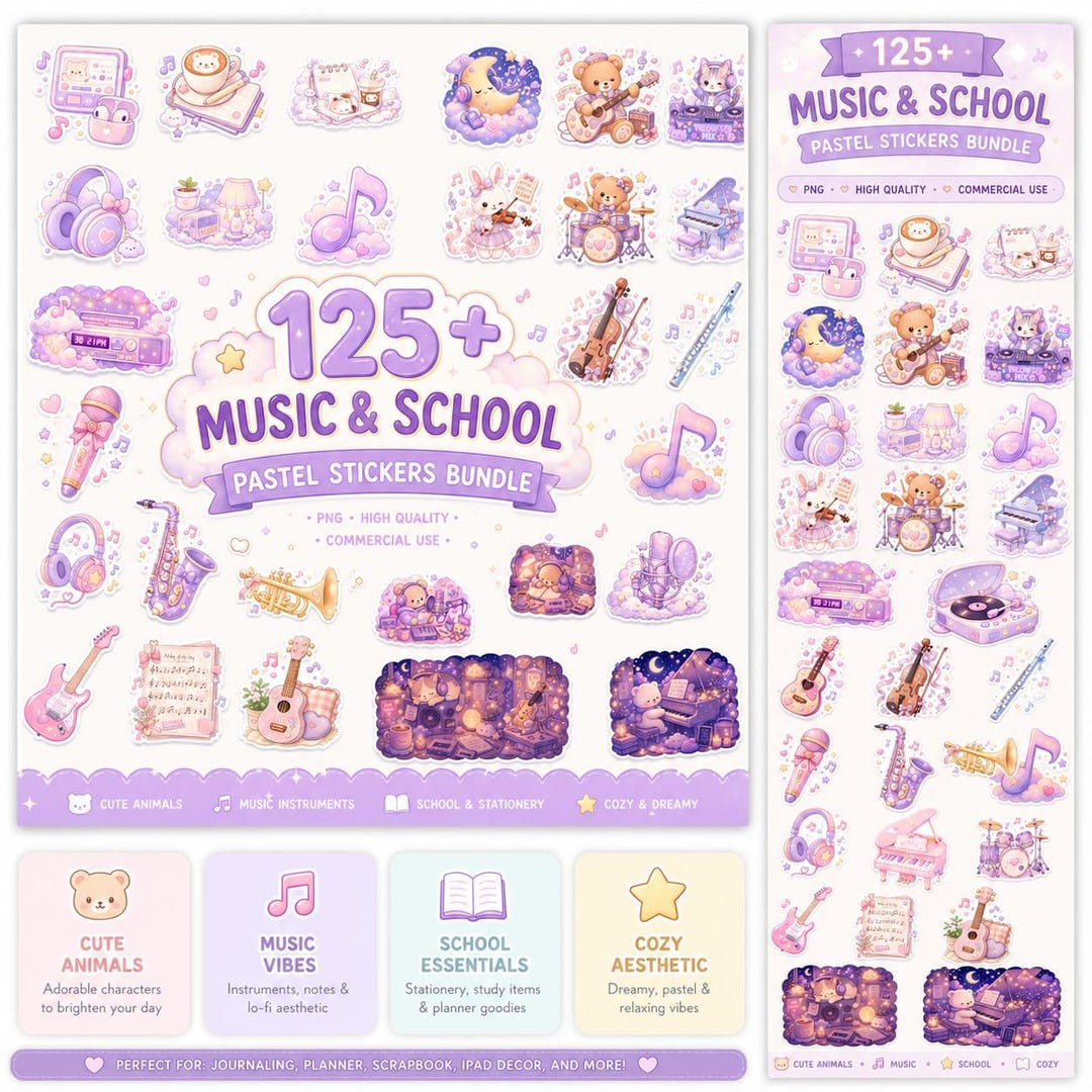 Pastel Study Stickers Pastel Kawaii Music & School Stickers PNG Bundle, Cozy Study Clipart ...