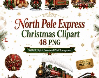 Paquete de imágenes prediseñadas navideñas del Expreso del Polo Norte (48 imágenes PNG): Tren mágico navideño, Papá Noel, regalos, muñeco de nieve, decoración navideña, descarga digital de 300 DPI.