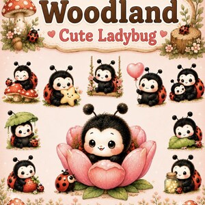 Puede incluir: Una colección digital de 40 ilustraciones PNG de mariquitas del bosque con mariquitas lindas de alas rojas con puntos negros, setas, flores y estrellas sobre un fondo rosa claro con el texto 40 PNG Woodland Cute Ladybug.