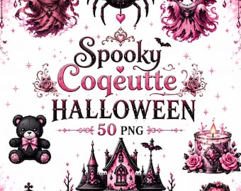 Pink Spooky Coquette Halloween 50 PNG, Gothic Clipart, Hexe Aufkleber, Geist, Kürbis, Fledermaus, Schädel, digitaler Download