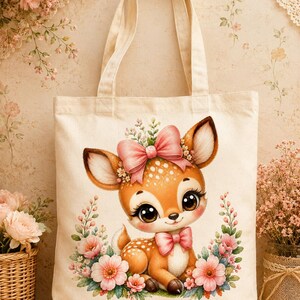 May include: A cream-colored canvas tote bag featuring a central illustration of a fawn with large dark eyes, wearing a pink bow on its head and neck, surrounded by a wreath of pink and white flowers with green leaves and small white spots.