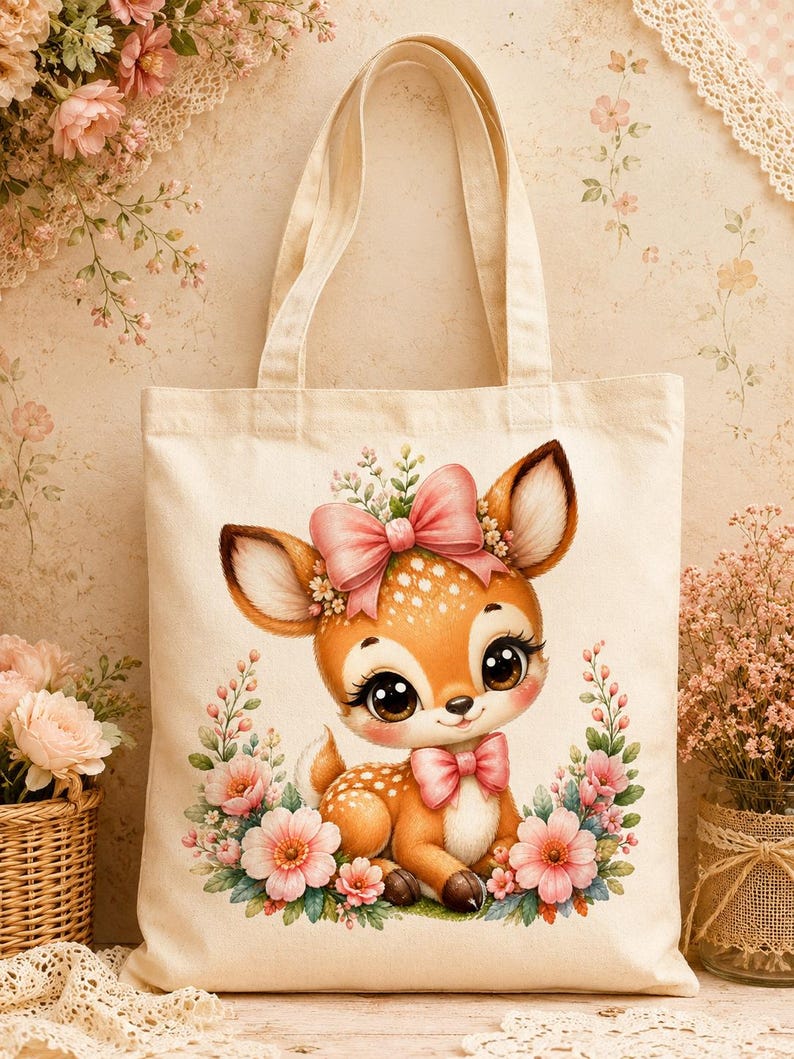 May include: A cream-colored canvas tote bag featuring a central illustration of a fawn with large dark eyes, wearing a pink bow on its head and neck, surrounded by a wreath of pink and white flowers with green leaves and small white spots.