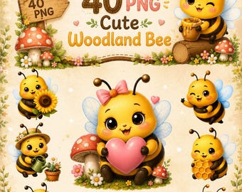 40 imágenes prediseñadas PNG de abejas del bosque, gráficos de abejorros kawaii, pegatinas de animales para guardería (descarga digital)