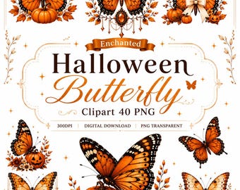 Imágenes prediseñadas de mariposas de Halloween, paquete de 40 PNG, mariposa monarca, calabaza, flores de otoño, sublimación, imprimible, uso comercial.