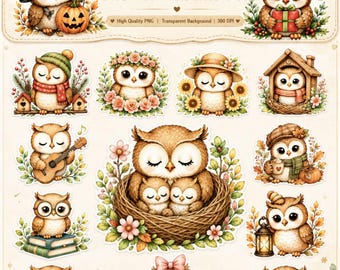 Pegatinas PNG de búhos del bosque, paquete de 48 imágenes prediseñadas de animales del bosque en acuarela, lindas pegatinas digitales de búhos para Goodnotes, agenda, diario, PNG.